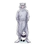  1boy 1other full_body highres jujutsu_kaisen kashimo_hajime neuchimonai panda panda_(jujutsu_kaisen) scared shirt simple_background white_background white_hair white_shirt 