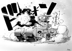 artist_name cat churchill_(tank) commentary_request dust_cloud firing greyscale ground_vehicle highres hone_(honehone083) military military_vehicle monochrome motor_vehicle no_humans original signature tank tank_focus translated vehicle_focus wide-eyed 