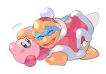  blue_skin blush cape closed_eyes colored_skin falling gloves hand_on_another&#039;s_head happy hat hug king_dedede kirby kirby_(series) lying lying_on_person mutekyan on_back open_mouth simple_background smile tongue white_background worried 