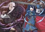  aversa_(fire_emblem) bangs blue_hair book fire_emblem fire_emblem_awakening hiomaika holding holding_book holding_sword holding_weapon leather_belt leather_strap looking_at_viewer lucina_(fire_emblem) open_mouth sword thigh-highs upper_body weapon white_hair 