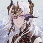  1girl absurdres au_ra avatar_(ff14) bangs black_shirt bug butterfly commentary final_fantasy final_fantasy_xiv highres horns huizhoumao long_hair looking_at_viewer parted_lips sample_watermark shirt solo upper_body violet_eyes white_butterfly white_hair 
