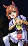  1girl animal_ears asymmetrical_bangs bangs beef brown_hair burger burger_malfunction cheese feet_out_of_frame food glasses green_eyes holding holding_food horse_ears horse_girl horse_tail ikuno_dictus_(umamusume) lettuce open_mouth puffy_short_sleeves puffy_sleeves round_eyewear sailor_collar saturn_devouring_his_son school_uniform short_sleeves skirt solo tail teeth tenten_(chan4545) thigh-highs tracen_school_uniform umamusume upper_teeth white_skirt white_thighhighs 