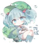  1girl backpack bag bangs blue_eyes blue_hair blue_shirt blue_skirt blush cabbie_hat chibi collared_shirt commentary_request full_body green_headwear hair_between_eyes hair_bobbles hair_ornament hat kawashiro_nitori kotatu_(akaki01aoki00) long_sleeves looking_at_viewer no_shoes parted_lips pleated_skirt shirt simple_background skirt socks solo touhou twintails water_drop white_background 