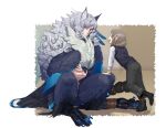  1boy 1girl animal_ears bird_wings black_pants black_sclera black_socks blue_eyes blue_vest blue_wings brown_background brown_hair colored_sclera digitigrade facial_mark feather_hair feathered_wings full_body grey_hair hand_on_another&#039;s_knee harpy_boy knees_up leg_up lizard_tail long_hair long_sleeves looking_at_another meziro001 monster_boy open_mouth original pants shirt short_hair sidelocks sitting socks sweater_vest tail talons vest white_shirt wings 