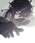  1boy bangs blurry blurry_foreground brown_eyes brown_hair coat genshin_impact gloves greyscale kanapy long_sleeves looking_at_viewer male_focus monochrome multicolored_hair signature simple_background solo spot_color symbol-only_commentary zhongli_(genshin_impact) 