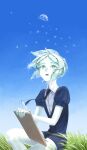  1other :o absurdres androgynous bangs buttons clipboard collared_shirt colored_skin crystal_hair dandelion flower gem_uniform_(houseki_no_kuni) grass green_eyes green_hair high_collar highres holding holding_clipboard houseki_no_kuni looking_up moon nail_polish necktie parted_bangs phosphophyllite puffy_sleeves shiny shiny_hair shirt short_hair short_shorts shorts shumanomalos sitting sky solo white_shirt white_skin wind 