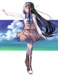  001machi 1girl absurdres black_hair blue_sky brown_dress brown_footwear clouds dress dress_shirt full_body grey_pantyhose hair_over_one_eye halterneck hayashimo_(kancolle) highres hime_cut horizon kantai_collection long_hair looking_to_the_side ocean pantyhose pleated_dress school_uniform shirt sky solo very_long_hair white_shirt 