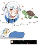  bangs blue_hair blue_hoodie blush closed_eyes dreaming drooling futon gawr_gura grin hair_bobbles hair_ornament hat heart highres hololive hololive_english hood hoodie lying mittsu multicolored_hair nightcap on_back sea_turtle sharp_teeth sleeping smile streaked_hair teeth thought_bubble turtle twitter two_side_up v-shaped_eyebrows virtual_youtuber watson_amelia white_hair 
