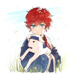  1boy amagi_hiiro animal bangs blue_eyes blue_robe child clothed_animal day earrings ensemble_stars! falling_leaves flower grass highres holding holding_animal horns jewelry leaf long_sleeves looking_at_viewer male_child male_focus petals redhead sheep_horns shitan_(tantan_0821) short_hair wind yellow_flower 