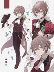 1boy alcohol blue_eyes bouquet brown_hair bug butterfly cup drinking_glass flower full_body gradient_eyes hat highres long_sleeves looking_at_viewer male_focus multicolored_eyes namiki_itsuki original rose short_hair solo violet_eyes white_background wine wine_glass 