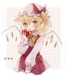  1girl apple bangs blonde_hair blush bow bowtie cropped_legs crystal flandre_day flandre_scarlet food food_bite fruit hand_up hat hat_bow heart highres holding holding_food holding_fruit long_hair long_sleeves mob_cap nig_18 open_mouth red_bow red_eyes red_skirt red_vest shirt skirt solo touhou upper_body vest white_background white_headwear white_shirt wings yellow_bow yellow_bowtie 