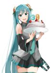  1girl 39 aqua_eyes aqua_hair bare_shoulders birthday_cake boots cake detached_sleeves food hair_ornament hatsune_miku highres long_hair looking_at_viewer necktie open_mouth smile thigh_boots twintails very_long_hair vocaloid white_background zettai_ryouiki zzz_owo 