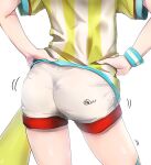  1girl absurdres ass ass_focus ass_shake hands_on_hips highres hololive lower_body oozora_subaru qualthis shirt shorts signature simple_background solo striped striped_shirt virtual_youtuber white_background wristband 