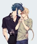 2boys abs aether_(genshin_impact) belt black_nail black_pants black_shirt blonde_hair blue_background blue_pants braid cellphone earrings forehead genshin_impact green_hair hair_ornament highres holding jewelry long_hair male_focus multicolored_hair multiple_boys muscular muscular_male neck_tattoo pants phone rourouki shirt single_braid smartphone smile t-shirt tattoo wristband xiao_(genshin_impact) yaoi yellow_eyes