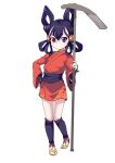  1girl absurdres black_hair blush commentary delrah female_child full_body hair_ornament hair_rings hair_tubes highres holding holding_hoe japanese_clothes kimono looking_at_viewer red_kimono sakuna-hime short_eyebrows short_kimono simple_background solo standing tensui_no_sakuna-hime violet_eyes white_background 