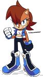  1girl alternate_costume animal_ears artist_name bangs black_pants blue_eyes blue_jacket boots brown_hair clenched_hands closed_mouth crop_top drawloverlala eyelashes full_body gloves hair_between_eyes highres jacket looking_at_viewer midriff pants redesign sally_acorn serious short_hair solo sonic_(series) sonic_the_hedgehog_(archie_comics) tail white_background 