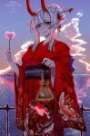  1girl 4kkc absurdres bag breasts clouds english_commentary hair_behind_ear hair_bun happy_valentine highres holding holding_bag horns japanese_clothes kimono medium_breasts obi oni_horns original pointy_ears red_eyes red_kimono sash sky smile solo white_hair 