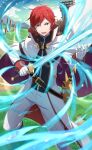 1boy blue_eyes fighting_stance gloves high_collar highres holding holding_sword holding_weapon long_sleeves looking_at_viewer magic male_focus official_art outdoors pants re:zero_kara_hajimeru_isekai_seikatsu re:zero_kara_hajimeru_isekai_seikatsu:_lost_in_memories redhead reinhard_van_astrea short_hair smile standing standing_on_one_leg sword uniform weapon white_gloves white_pants 
