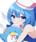  1girl bird blue_bow blue_dress blue_eyes blue_hair bow cirno dress hat highres ice ice_wings kuroda_(chokobo_314) looking_at_viewer penguin simple_background touhou wings 