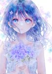  1girl artist_name bangs blue_eyes blue_hair bouquet closed_mouth collarbone commentary_request dress floral_background flower ginniroya hair_flower hair_ornament highres holding holding_bouquet looking_at_viewer original short_hair sleeveless sleeveless_dress solo twitter_username watermark white_dress 