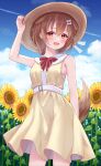  1girl :d absurdres arm_behind_back arm_up bangs bare_arms bare_shoulders blue_sky blush bone_hair_ornament brown_eyes brown_hair brown_headwear clouds cowboy_shot dog_girl dog_tail dress field flower flower_field hair_between_eyes hair_ornament hat highres hololive inugami_korone long_hair looking_at_viewer sky sleeveless sleeveless_dress smile solo standing sun_hat sunflower tail thorny virtual_youtuber yellow_dress yellow_flower 