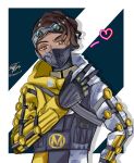  1boy absurdres apex_legends black_gloves brown_hair dark-skinned_male dark_skin gloves goggles goggles_on_head head_tilt heart highres hood hooded_jacket jacket looking_at_viewer mask mirage_(apex_legends) mouth_mask multicolored_clothes multicolored_jacket night_crawler_mirage official_alternate_costume saki_(syauki1119) signature solo two-tone_jacket upper_body white_jacket yellow_jacket 
