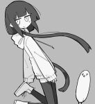 1girl animal bangs black_hair black_thighhighs boots fusazakura grey_background greyscale highres hood hoodie inabakumori_(vocaloid) jumping lag_train_(vocaloid) leather long_hair long_sleeves monochrome open_mouth solo thigh-highs very_long_hair white_eyes white_hoodie zettai_ryouiki 