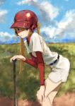  1girl 7ife absurdres baseball_bat baseball_helmet baseball_uniform blue_sky brown_eyes clouds cowboy_shot day grass helmet highres layered_sleeves leaning_forward long_hair long_sleeves looking_at_viewer mouth_hold orange_hair original outdoors painterly red_shirt shirt short_over_long_sleeves short_sleeves shorts sky solo sportswear stalk_in_mouth twintails white_shirt white_shorts 