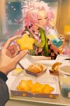  burger checkered_clothes checkered_shirt chinese_commentary commentary_request cookie cup dollyja drinking food green_scarf hatsutori_hajime highres holding holding_cookie holding_cup holding_food indoors jewelry long_sleeves male_focus necklace out_of_frame pink_hair ponytail red_eyes saibou_shinkyoku scarf shirt solo_focus star-shaped_food utsugi_noriyuki 