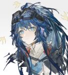  1girl arknights astgenne_(arknights) blue_eyes blue_hair diamond-shaped_pupils diamond_(shape) goggles goggles_on_head grey_background highres l934_(pokeweed-l) long_hair looking_at_viewer portrait shirt sidelocks simple_background sketch solo symbol-shaped_pupils white_shirt 