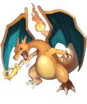  charizard claws commentary_request fangs fire flame-tipped_tail full_body green_eyes highres no_humans open_mouth pokemon pokemon_(creature) simple_background solo teo_(telo_ruka) tongue white_background 
