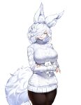  1girl absurdres animal_ear_fluff animal_ears black_pantyhose braid breasts casul cowboy_shot fox_ears fox_girl fox_tail highres large_breasts long_sleeves medium_hair original pantyhose side_braid simple_background solo standing sweater tail white_background white_hair white_sweater yellow_eyes 