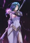  1girl absurdres axe braid braided_ponytail breasts circlet covered_navel fire_emblem fire_emblem_heroes green_hair highres holding holding_axe large_breasts solo thorr_(fire_emblem) upper_body violet_eyes yasu_(segawahiroyasu) 