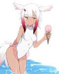  1girl absurdres adapted_costume bangs bare_legs bare_shoulders bird_girl bird_tail bird_wings blush braid commentary commentary_request dark_skin frilled_swimsuit frills hair_ornament hairclip head_wings highres ice_cream_cone japanese_crested_ibis_(kemono_friends) kemono_friends navel one-piece_swimsuit partially_submerged redhead saya_ayasu short_hair sidelocks sleeveless solo swimsuit tail tan water white_hair white_swimsuit wings yellow_eyes 
