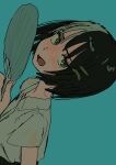  1girl absurdres black_hair blue_background collared_shirt commentary green_eyes hand_fan highres holding holding_fan komugiko_2000 looking_at_viewer open_mouth original paper_fan shirt short_hair short_sleeves simple_background solo upper_body white_shirt 