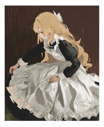  1girl absurdres apron bangs black_dress blonde_hair border bow brown_background brown_eyes closed_mouth dress frilled_apron frills hair_bow haru_(ririne9999rine) highres kirisame_marisa long_hair long_sleeves photo-referenced simple_background solo touhou very_long_hair white_apron white_border white_bow 