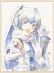  1girl blue_eyes blue_hair blue_necktie commentary earmuffs epoxy_putty foreshortening grey_sleeves hair_ornament hand_up hatsune_miku long_hair mittens necktie open_mouth outstretched_arm painting_(medium) reaching_out scarf shirt signature sleeveless sleeveless_shirt smile snowflake_print solo traditional_media twintails upper_body very_long_hair vocaloid watercolor_(medium) white_background white_mittens white_scarf white_shirt yuki_miku yuki_miku_(2011) 