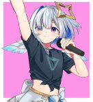  1girl absurdres amane_kanata arm_up bangs black_shirt blue_hair blue_wings blush closed_mouth commentary eyes_visible_through_hair feathered_wings front-tie_top grey_hair hair_over_one_eye hand_up highres holding holding_microphone hololive hololive_idol_uniform microphone mini_wings multicolored_hair nanana_narang navel pink_background pleated_skirt shirt short_sleeves single_hair_intake skirt smile solo tied_shirt two-tone_background two-tone_hair violet_eyes virtual_youtuber white_background white_skirt white_wings wings 