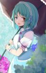  1girl :p adapted_costume bangs blue_eyes blue_hair breasts heterochromia holding holding_umbrella large_breasts piyodesu red_eyes shirt short_hair solo tatara_kogasa tongue tongue_out touhou umbrella white_shirt 