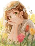  1girl artist_name bangs blush bug butterfly closed_mouth commentary_request flower ginniroya grass green_eyes hands_on_own_cheeks hands_on_own_face head_wreath highres looking_at_viewer original puffy_short_sleeves puffy_sleeves shirt short_sleeves smile solo twitter_username watermark white_shirt 