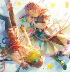  2girls ascot blonde_hair closed_eyes commentary curtained_hair eiyuu_densetsu ffuald1013 goggles goggles_on_head goggles_on_headwear gothic_lolita hair_ribbon highres lolita_fashion multiple_girls naked_skirt overalls pink_shorts purple_hair red_ascot red_overalls renne_(eiyuu_densetsu) ribbon shorts simple_background skirt sleeping sora_no_kiseki stuffed_animal stuffed_rabbit stuffed_toy tita_russell tool_belt tools untranslatable_commentary 