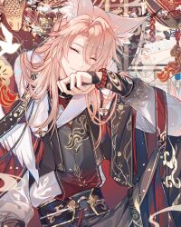  1boy ^_^ animal_ears aqueasirius bandaged_hand bandages bead_bracelet beads belt black_bandages black_belt black_hanfu black_pants black_robe bracelet branch cape carp chinese_clothes chinese_commentary closed_eyes cloud_print commentary_request curtained_hair facing_viewer feather_trim feet_out_of_frame flower fox_boy fox_ears fur-trimmed_cape fur_trim gold_trim hair_between_eyes hair_ornament hair_stick hand_to_own_mouth hanfu highres honkai:_star_rail honkai_(series) jewelry jiaoqiu_(honkai:_star_rail) knee_up long_hair male_focus o-ring o-ring_belt pants parted_lips pink_hair red_cape red_ribbon ribbon robe shirt shirt_tucked_in sitting smile solo tassel white_flower white_shirt xiangyun yuanlingpao 