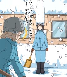 2girls :3 aki_(girls_und_panzer) beanie black_boots blonde_hair blue_jacket blue_pants boots brown_gloves brown_hair girls_und_panzer gloves grey_hat hat highres holding holding_shovel jacket japanese_text mika_(girls_und_panzer) multiple_girls omachi_(slabco) pants short_twintails shovel snow snow_on_head snow_shovel snowing standing translation_request twintails