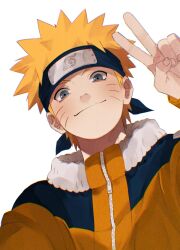  1boy blonde_hair commentary facial_mark flak_jacket forehead_protector highres jacket konohagakure_symbol male_focus naruto_(classic) naruto_(series) orange_jacket solo spiky_hair unkk_17 uzumaki_naruto whisker_markings 