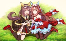  2girls animal_ears asymmetrical_gloves bare_shoulders black_necktie blush braid breasts brown_hair brown_jacket brown_skirt buena_vista_(heroina_inocente)_(umamusume) buena_vista_(umamusume) checkered_collar checkered_hairband closed_mouth collared_shirt commentary_request dress ear_covers ear_ribbon garter_straps gloves hair_between_eyes hair_ornament hairband headband heart heart_hands heart_hands_duo highres horse_ears horse_girl horse_tail jacket long_hair looking_at_viewer medium_breasts medium_hair mismatched_gloves multicolored_hair multiple_girls necktie open_clothes open_jacket open_mouth red_dress red_eyes red_necktie red_ribbon red_shoes ribbon shinohara_shinome shirt shoes short_sleeves single_thighhigh sitting skirt small_breasts smile still_in_love_(scarlet_vow_raiment)_(umamusume) still_in_love_(umamusume) streaked_hair tail thigh-highs thigh_strap umamusume veil violet_eyes white_shirt white_streaks white_veil yokozuwari 