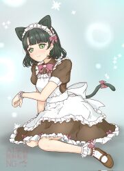  1girl animal_ears apron aqua_background black_hair blunt_bangs blush bob_cut bow bowtie brown_dress brown_shoes cat_ears cat_girl cat_tail closed_mouth commentary_request corrupted_twitter_file dress embarrassed frilled_apron frilled_dress frills frown full_body green_eyes highres kemonomimi_mode looking_at_viewer love_live! love_live!_hasu_no_sora_jogakuin_school_idol_club maid maid_apron maid_day maid_headdress mary_janes momose_ginko nyan_nyan_nyan_fair_in_gamers pink_bow pink_bowtie shoes short_hair sitting solo tail tail_bow tail_ornament tsukinowa_(kuma_moon9) virtual_youtuber wariza watermark white_apron 