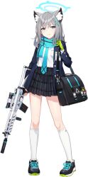  1girl animal_ear_fluff animal_ears arm_at_side assault_rifle bag black_shoes black_skirt blue_archive blue_eyes blue_halo blue_jacket blue_necktie blue_scarf breast_pocket buttons charm_(object) clenched_teeth cross cross-laced_shoes cross_hair_ornament earrings emoticon extra_ears full_body game_asset gloves green_gloves grey_hair gun hair_ornament half-closed_eyes halo hand_up heart highres holding holding_gun holding_weapon hwansang id_card jacket jewelry kneehighs large_variant_set layered_sleeves legs long_hair long_sleeves looking_at_viewer miniskirt mismatched_pupils necktie official_art open_clothes open_jacket pigeon-toed plaid_clothes plaid_skirt pleated_skirt pocket raised_eyebrows rifle sad scarf school_uniform scope shiroko_(blue_archive) shirt shirt_tucked_in shoes shoulder_bag sidelocks sig_556 simple_background single_glove skirt socks solo standing stud_earrings tachi-e teeth thighs third-party_source transparent_background trigger_discipline variant_set vertical_foregrip weapon white_shirt white_socks wolf_ears 