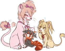  ? akagi_miria animal_focus animal_with_hair animalization black_hair blonde_hair blush bow bowtie brown_eyes closed_eyes green_eyes headpat idolmaster idolmaster_cinderella_girls jougasaki_mika jougasaki_rika lion long_hair mahoxyshoujo neck_ribbon no_humans open_mouth purple_bow purple_bowtie red_panda red_ribbon ribbon short_hair simple_background sitting tail tail_bow tail_ornament white_background 