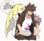  1boy 1girl ? arrow_(symbol) bare_shoulders black_hair black_jacket blonde_hair brown_hair dress green_eyes guzma_(pokemon) hair_over_one_eye hand_in_another&#039;s_hair jacket long_hair lower_teeth lusamine_(pokemon) mur_mu_mu nail_polish open_mouth pokemon pokemon_(creature) pokemon_(game) pokemon_sm shirt teeth thought_bubble white_background white_dress white_eyes white_shirt wimpod yellow_nails 