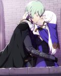  1boy 1girl arm_around_waist arms_around_neck black_cape black_gloves breast_press breasts byleth_(fire_emblem) byleth_eisner_(male) cape closed_eyes couple dannex009 day fire_emblem fire_emblem:_three_houses from_side gloves green_hair hetero kiss long_hair lysithea_von_ordelia outdoors profile shiny shiny_hair small_breasts white_hair 